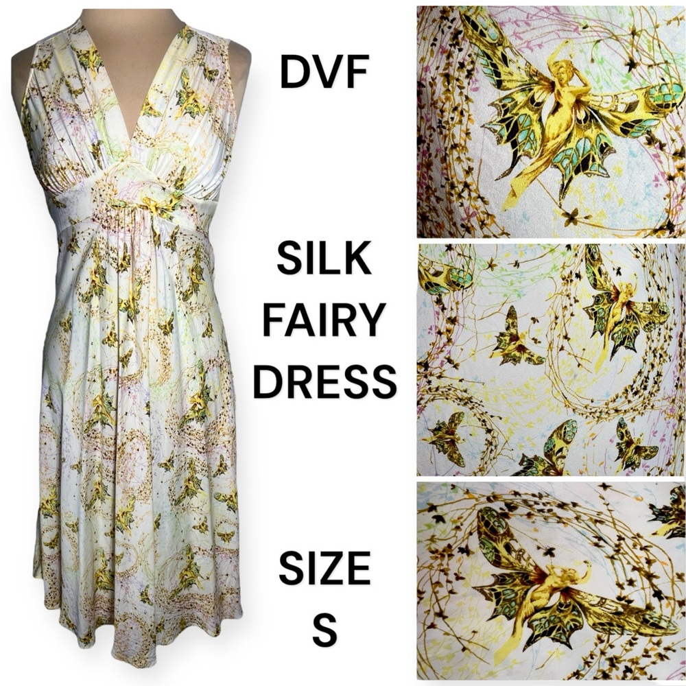 Diane Von Furstenberg White Silk Fairy Print V-Neck Dress